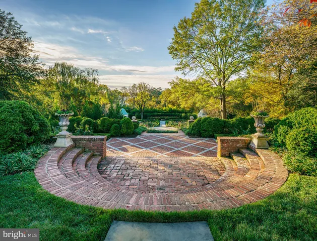 a view of a park with large trees