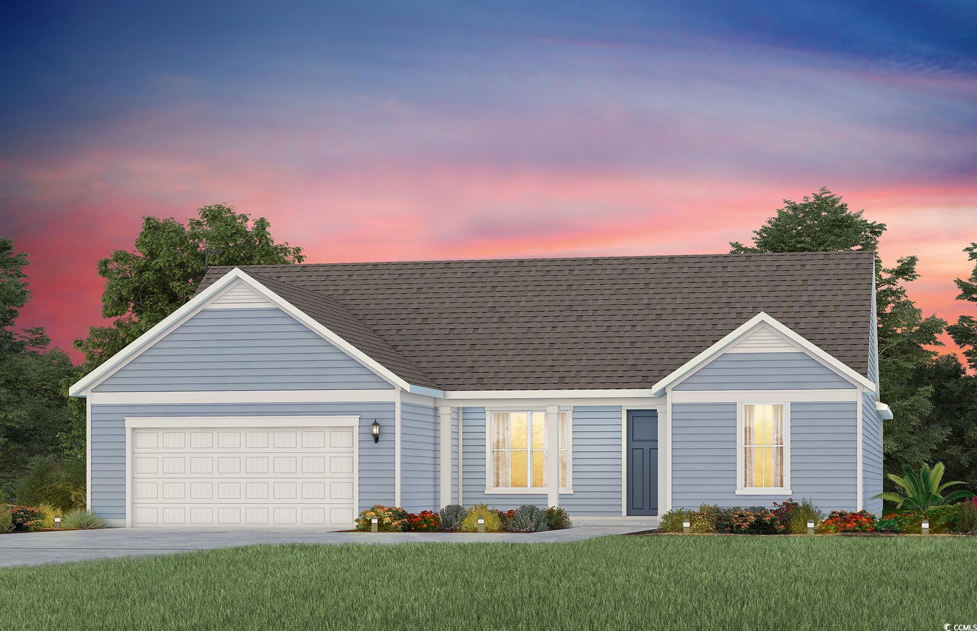 View of front facade featuring driveway, a front lawn, an attached garage, and a shingled roof