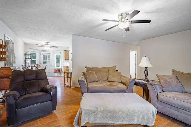 a living room with furniture ceiling fan and a rug