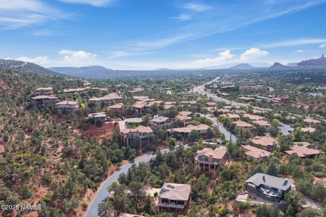 an aerial view of residential houses with city view