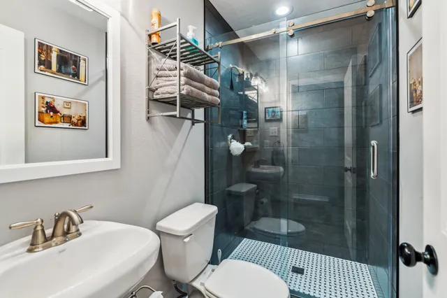 a bathroom with a shower a toilet and a sink