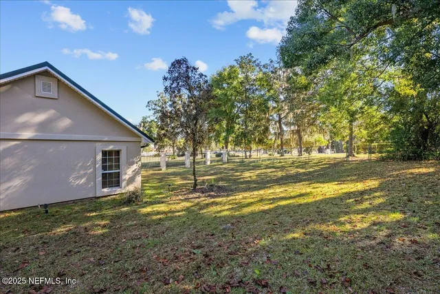 a view of a town with large trees