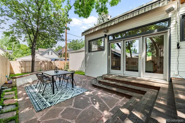 a backyard of a house with table and chairs