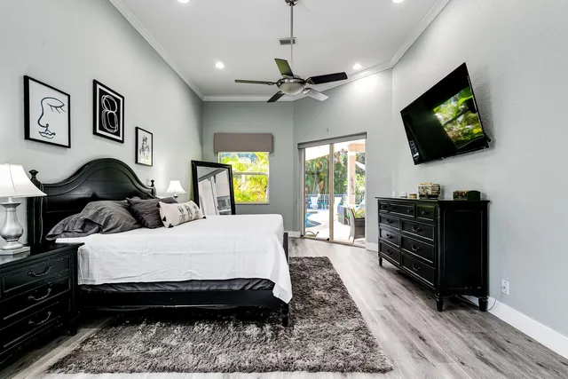 a bedroom with a bed and a flat screen tv