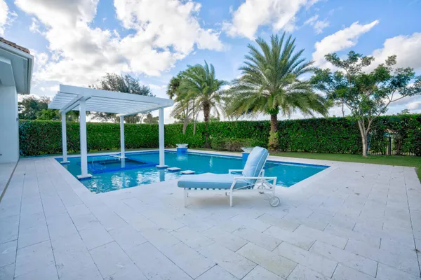 a view of a swimming pool with lounge chair