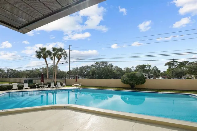 a view of a swimming pool with a bench