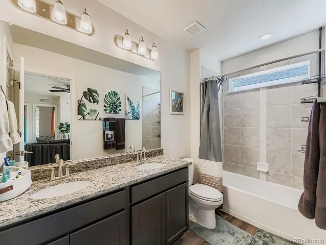 a bathroom with a granite countertop sink toilet and shower