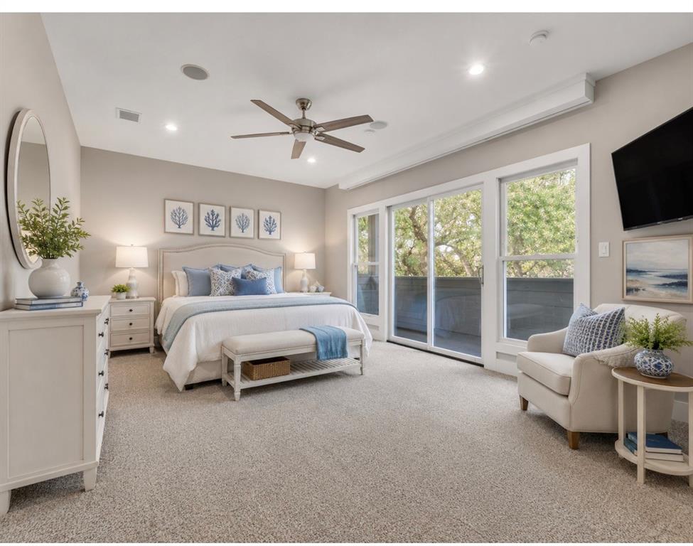 7912 Hanover Street Dallas, TX 75225 - Photo 3 of 29 AI Image Spacious room featuring light-colored carpeting, a ceiling fan, recessed lighting, a sliding glass door, and large windows