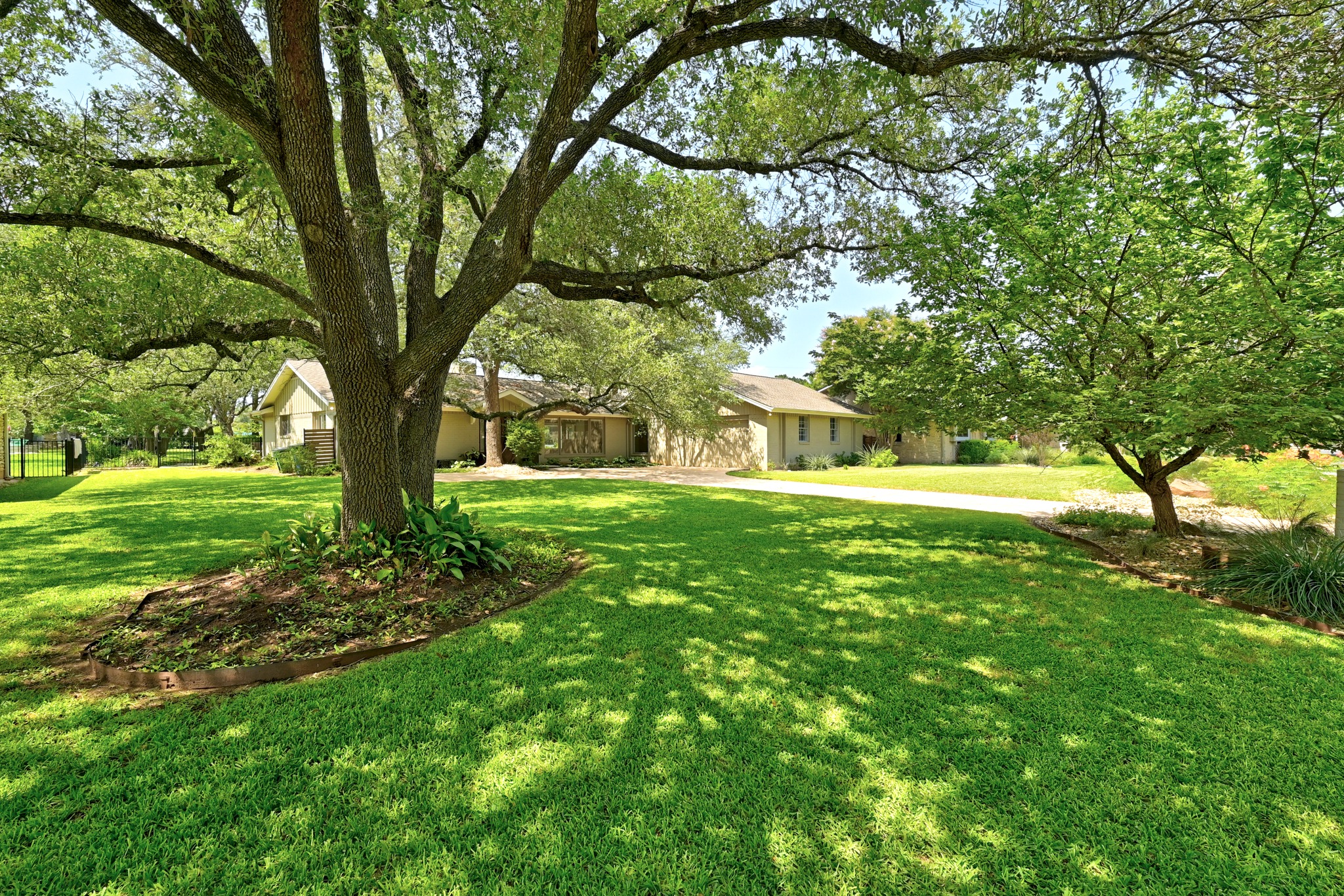 8608 Crest Ridge Circle Austin, TX 78750 - Photo 2 of 38 Mature trees shade a verdant lawn, framing a long driveway leading to a secluded residence.
