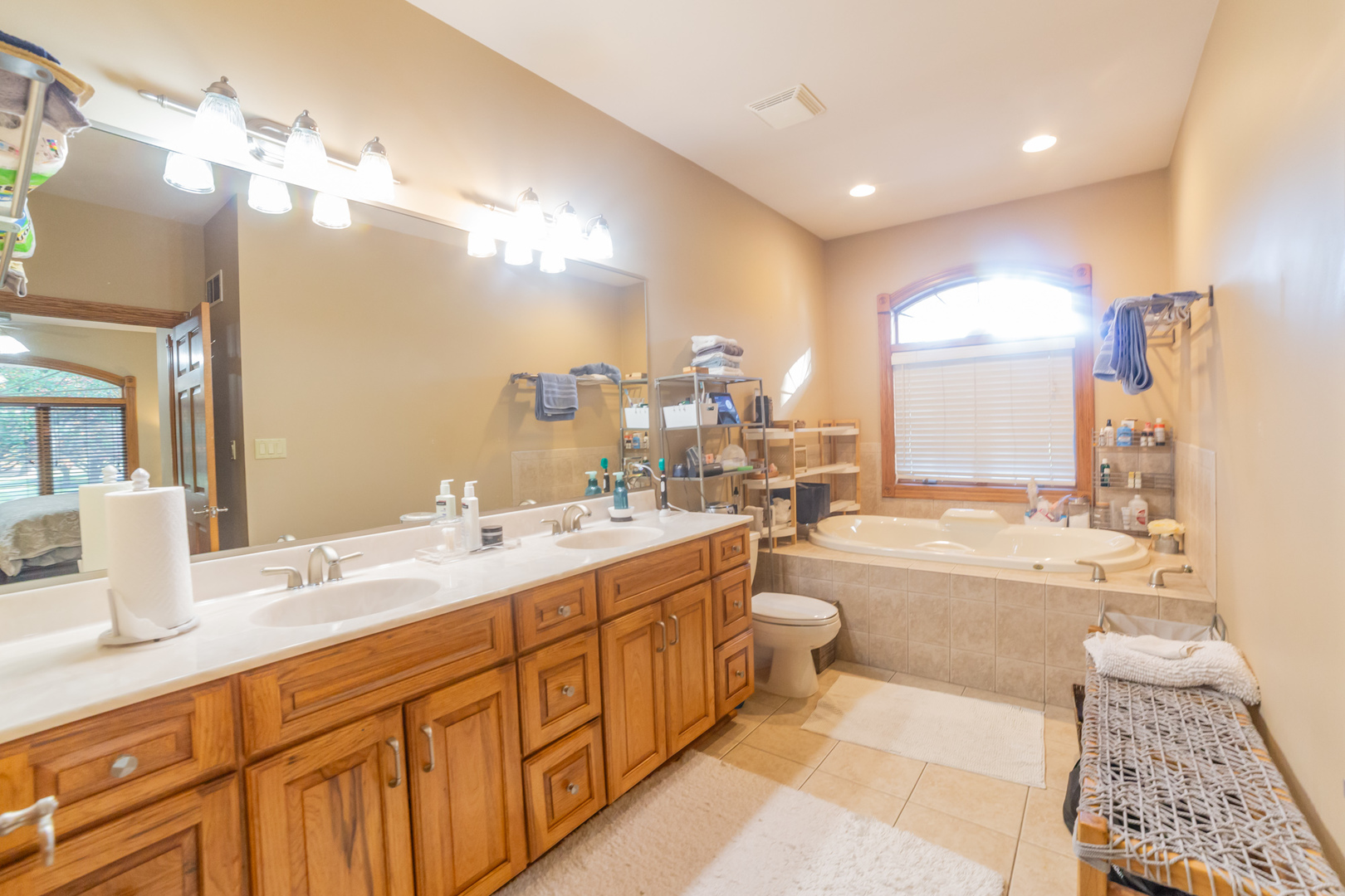 24131 Volbrecht Road Crete, IL 60417 - Photo 31 of 50 a bathroom with a double vanity sink a mirror and a bathtub