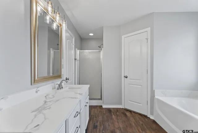 a bathroom with a tub sink and mirror
