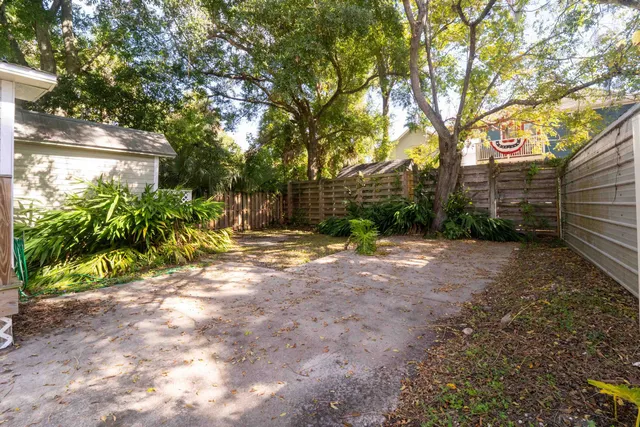 a view of a yard with plants and trees