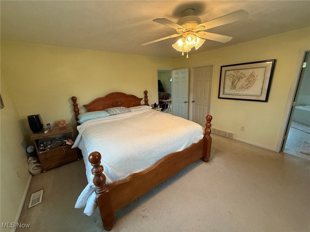 6920 Riverside Road Southeast Gnadenhutten, OH 44629 - Photo 19 of 41 Bedroom featuring baseboards, carpet flooring, ceiling fan, and ensuite bath
