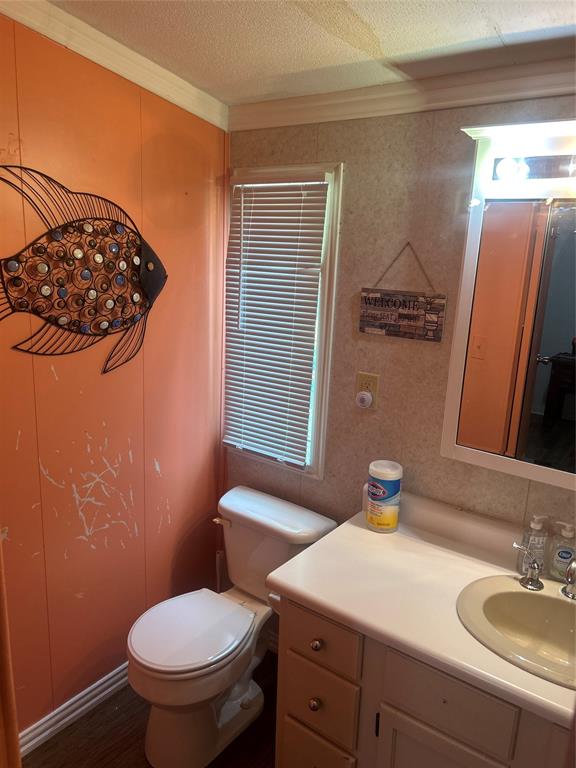 4705 Fox Hollow Road Graham, TX 76450 - Photo 21 of 28 Half bathroom featuring vanity and a textured ceiling