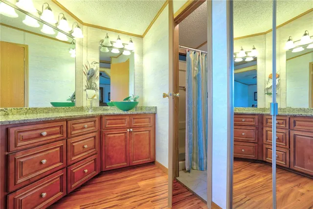 a bathroom with a granite countertop sink a mirror and a shower