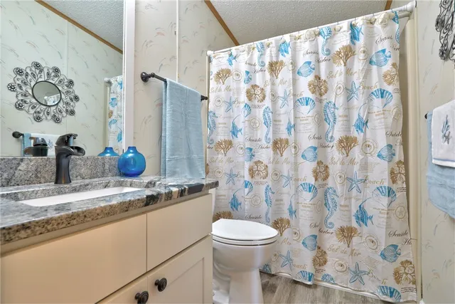 a bathroom with a granite countertop sink a toilet and shower curtain