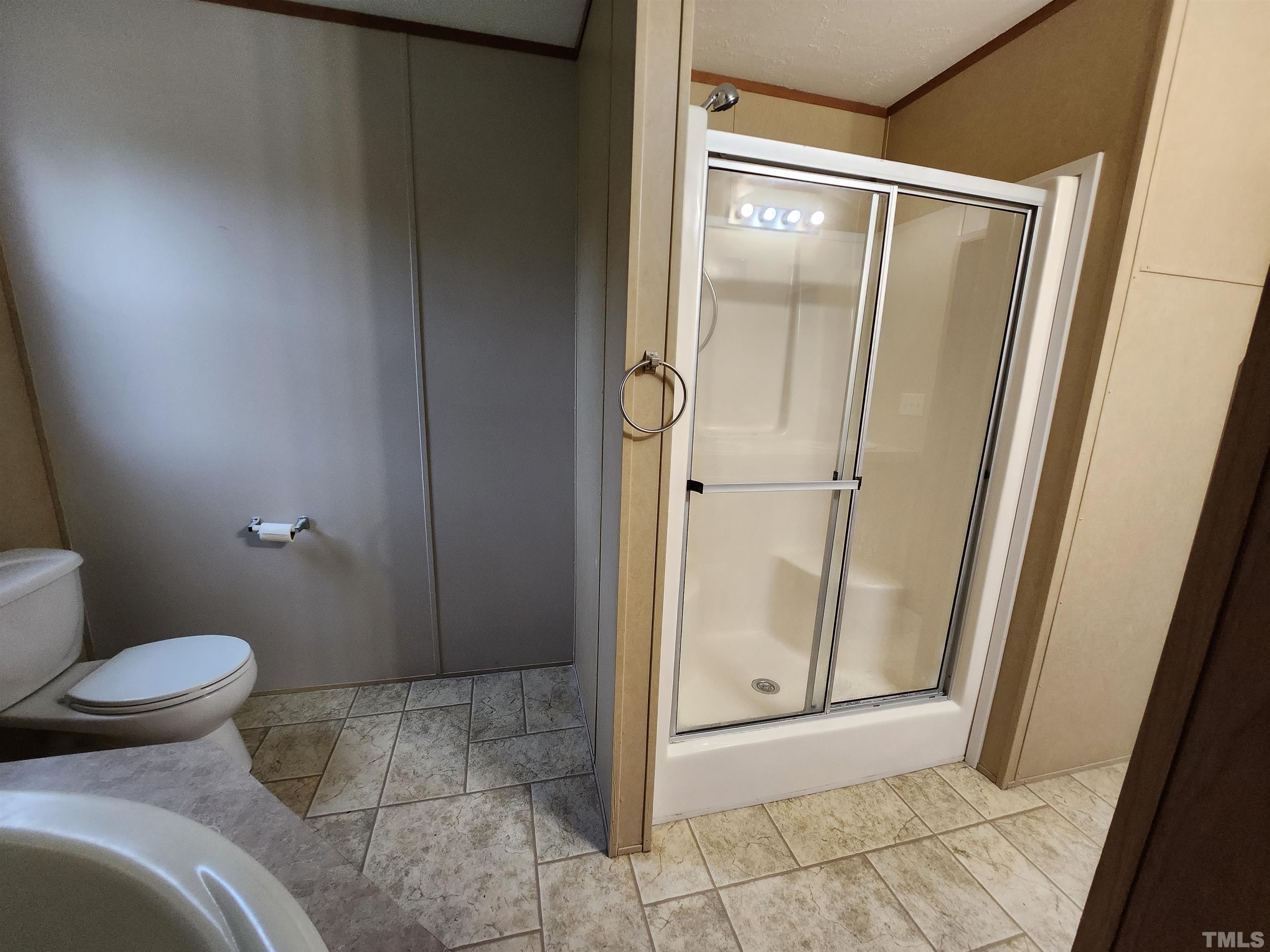555 Massengill Pond Road Angier, NC 27501 - Photo 29 of 36 a bathroom with a granite countertop toilet and a shower