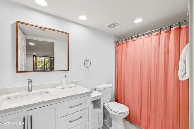 a bathroom with a sink a toilet and shower curtain