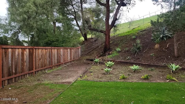 a view of backyard with wooden fence and a large tree