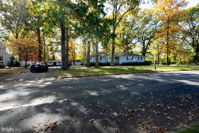 a view of a street with houses and trees