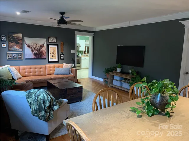a living room with furniture a flat screen tv and a potted plant