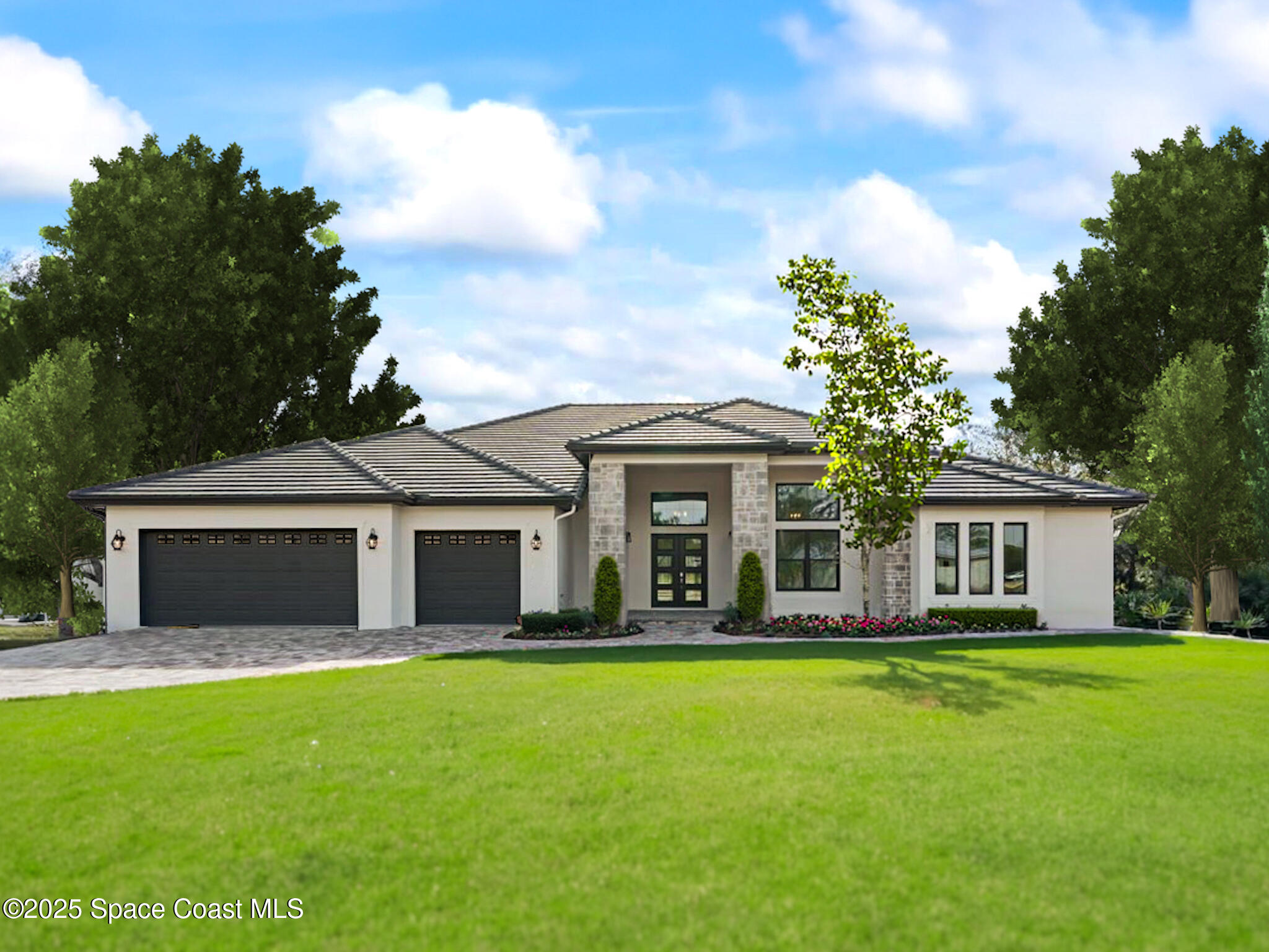 a front view of house with yard and green space