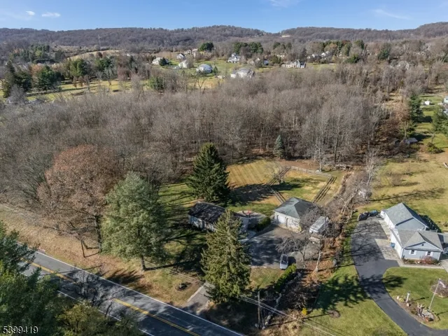 an aerial view of residential houses with outdoor space and trees