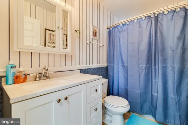 a bathroom with a sink a toilet and shower curtain