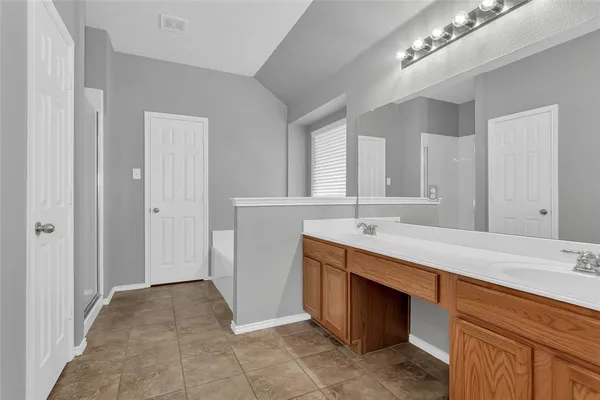 a bathroom with a sink double vanity and a mirror