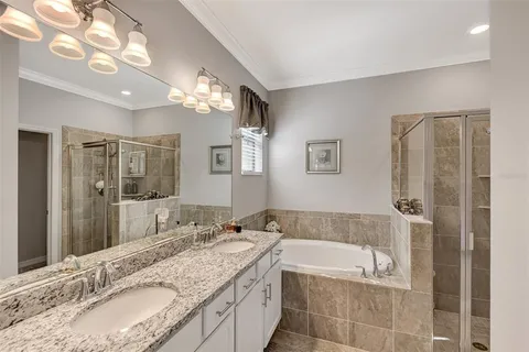 a bathroom with a granite countertop bathtub shower sink and mirror