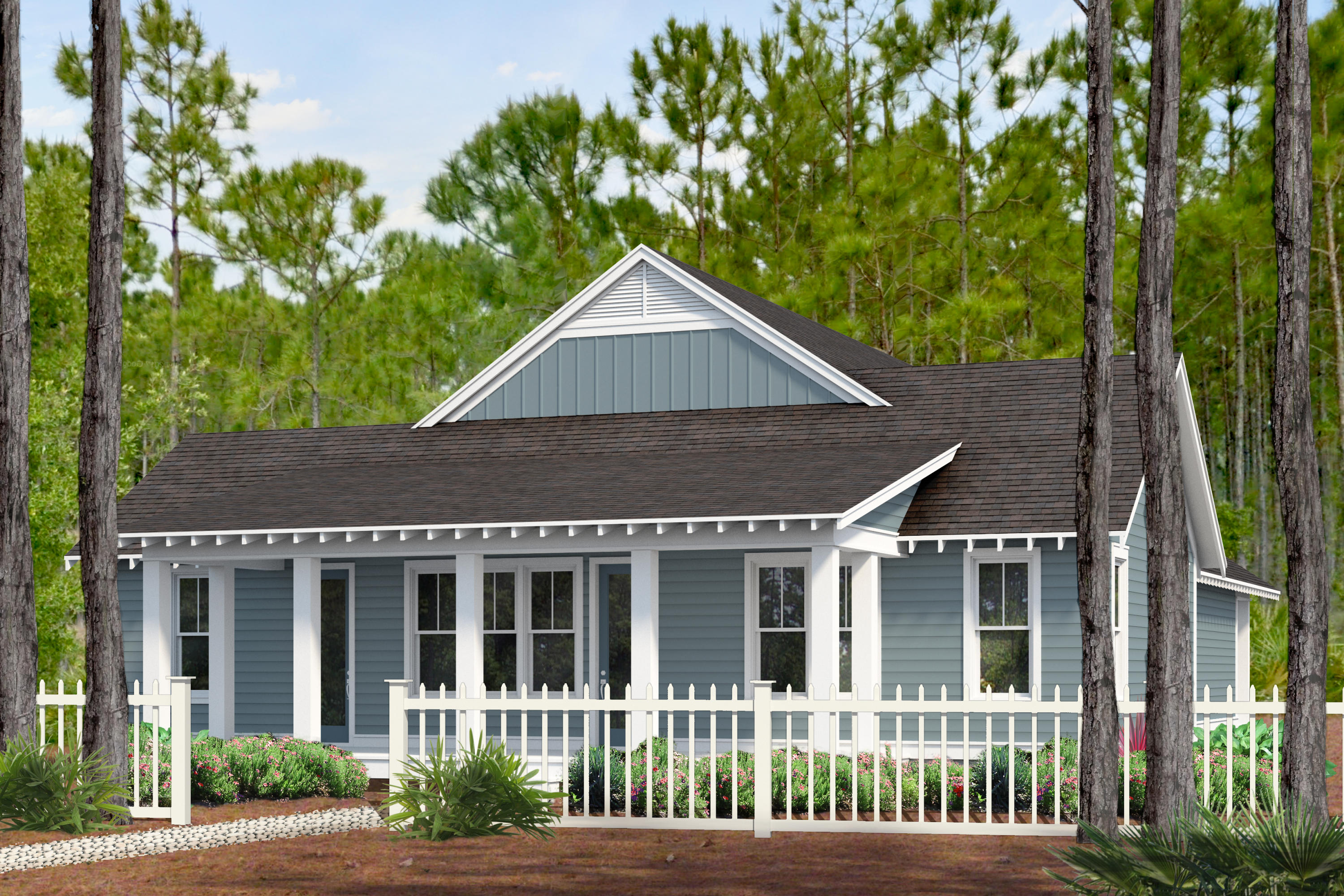 front view of a house with a garden