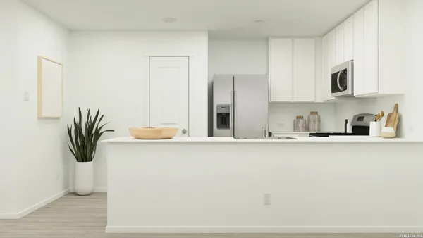 a kitchen with stainless steel appliances white cabinets and a potted plant