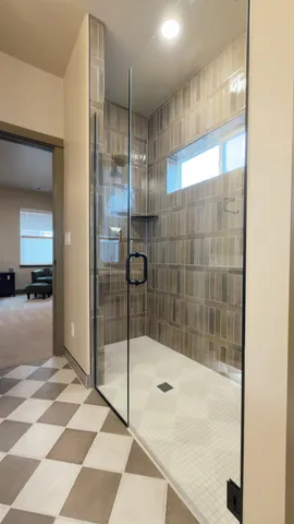 a bathroom with a shower and a mirror