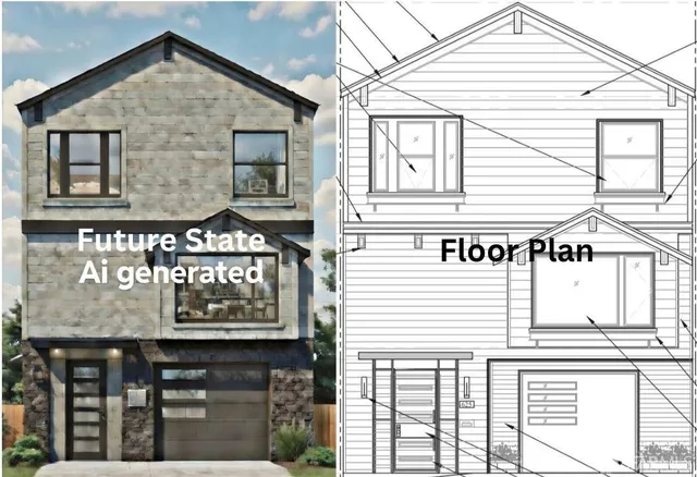 a view of a brick building with large windows