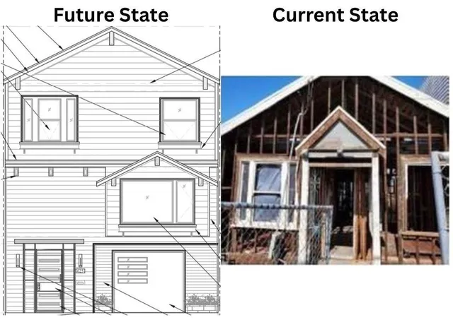 a view of a house with large windows