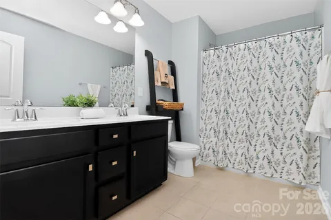 a bathroom with a double vanity sink mirror and toilet