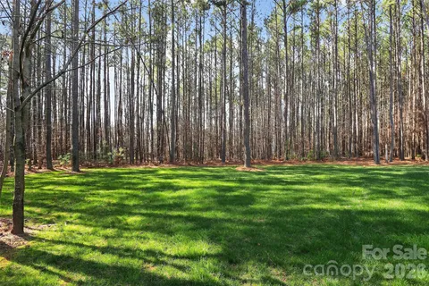 a view of backyard with swimming pool and green space
