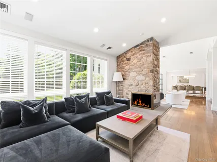a living room with furniture a rug and a fireplace