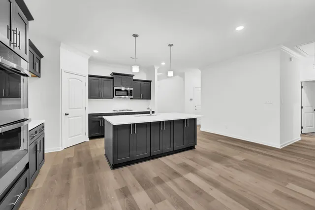 a kitchen with stainless steel appliances kitchen island a cabinets and wooden floor