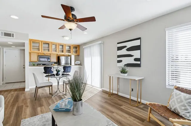 a living room with furniture and a potted plant