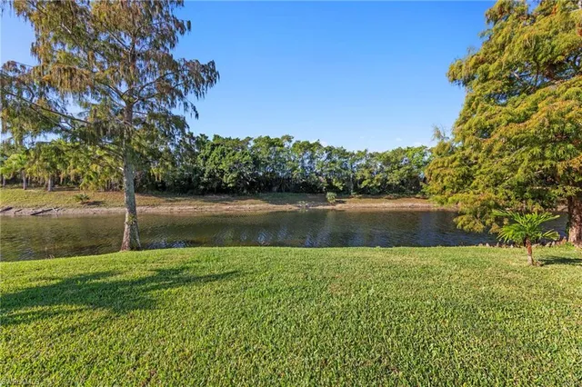 a view of a lake with a yard