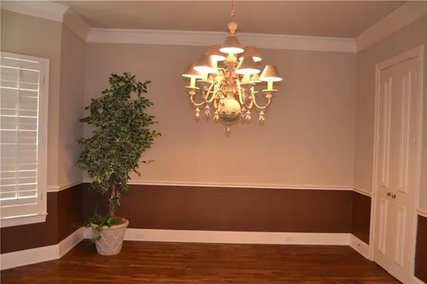 a view of a chandelier in a room