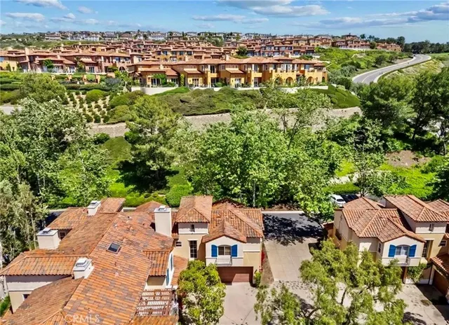an aerial view of residential houses with outdoor space and trees