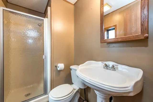 a bathroom with a sink a toilet and shower