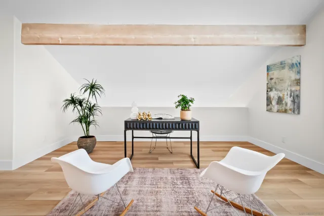 a living room with furniture and a potted plant