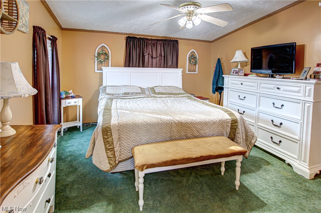 9459 Stone Road Litchfield, OH 44253 - Photo 16 of 50 Carpeted bedroom featuring crown molding, ceiling fan, and a textured ceiling