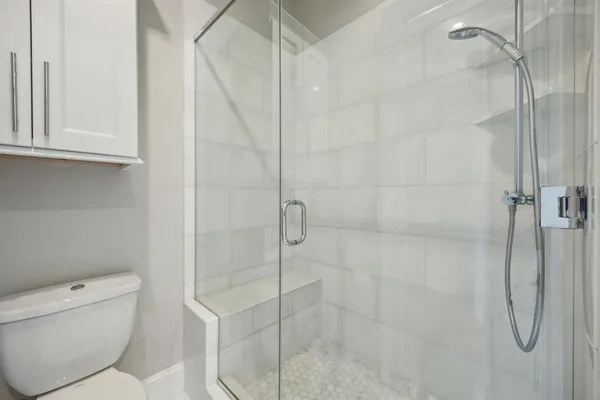 a bathroom with a shower and toilet