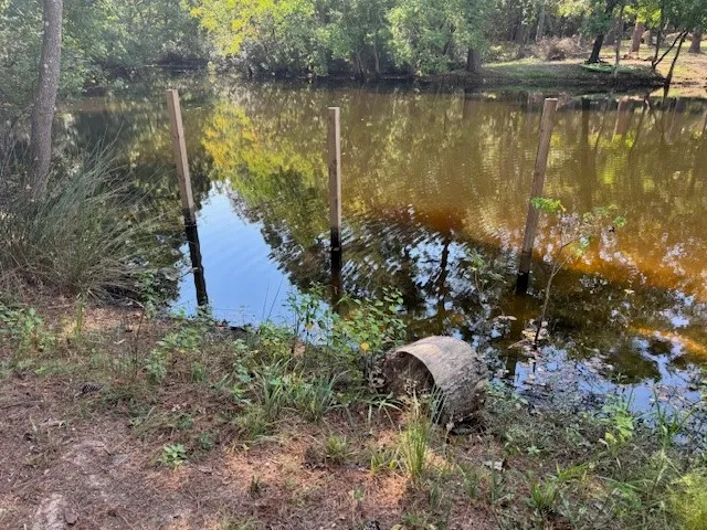 a view of a lake with a house in the background