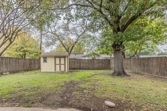 a view of a backyard with a tree and wooden fence
