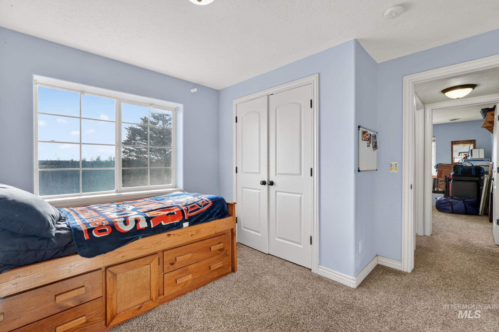3352 Neeley Road American Falls, ID 83211 - Photo 25 of 43 Bedroom featuring a large window, light blue walls, and textured carpeting